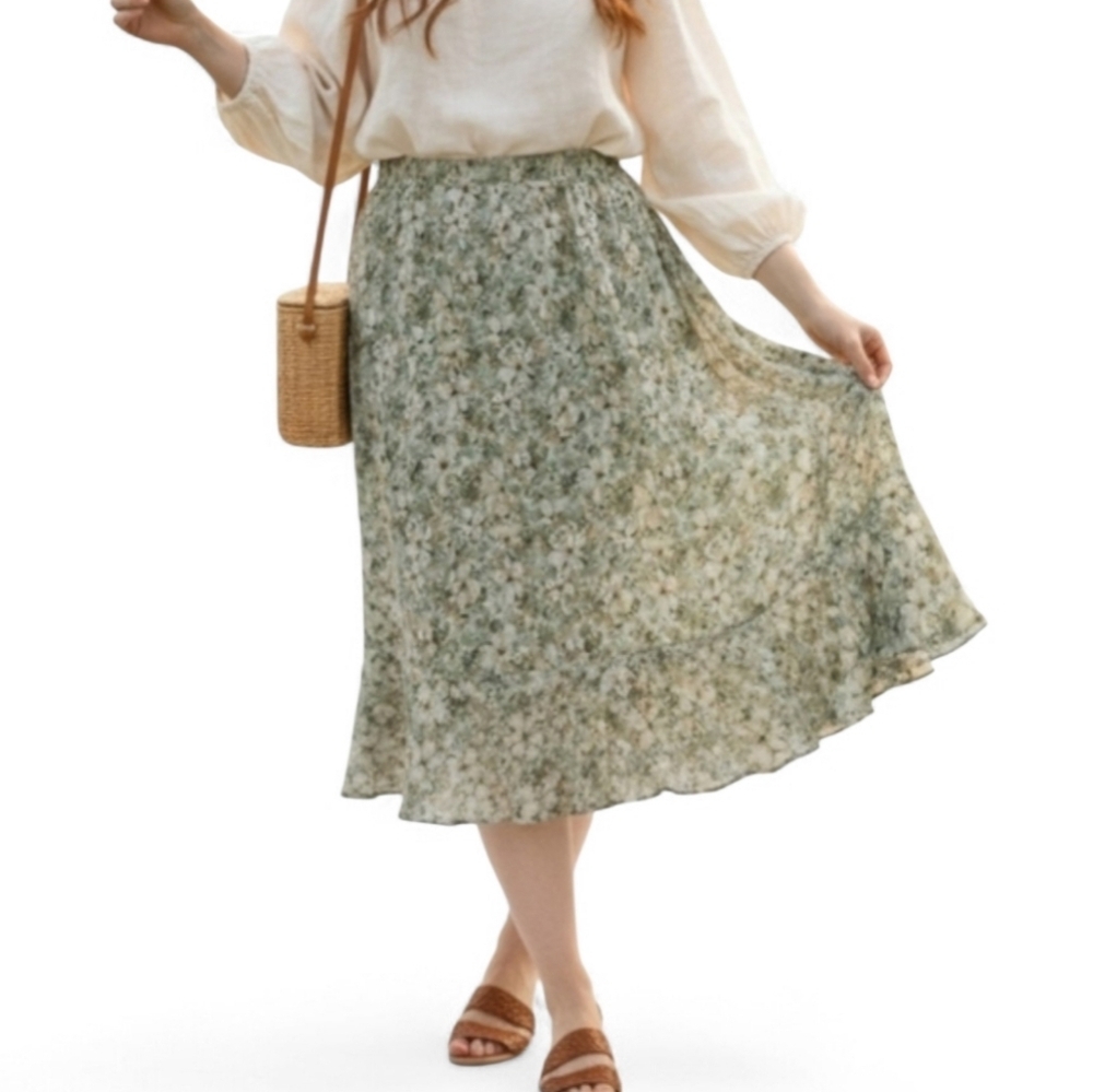NorthStyle Floral Midi Skirt Green Petite Large Boho Cottagecore Ruffle Hem